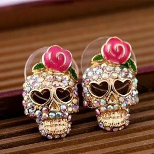 Steampunk Goth style rhinestone skull stud earrings